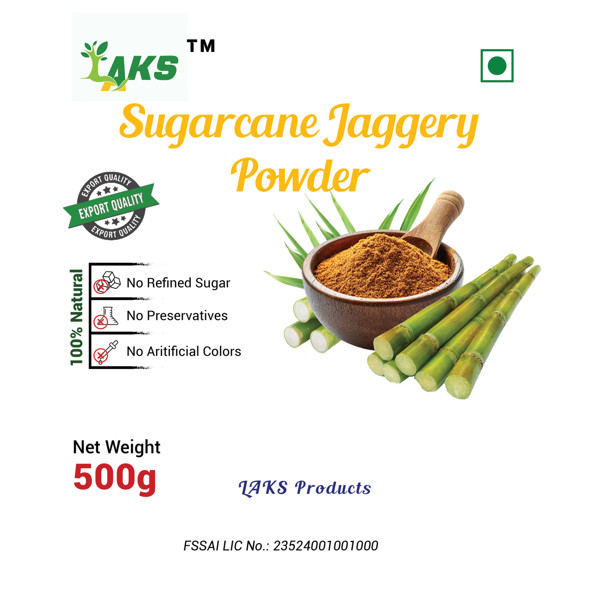LAKS Sugarcane Jaggery Powder, Natural Traditional Sugar Alternative, 500g Pouch